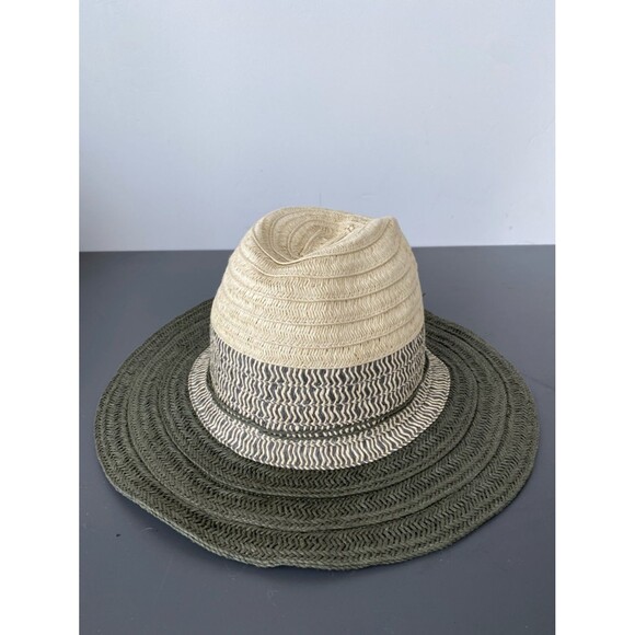 White Stuff Two-Tone Straw Sun Hat in Natural and Olive Sz OS Packable Boho Chic